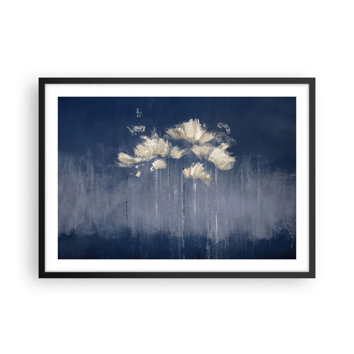 Poster in einem schwarzem Rahmen - Zarte Blüten auf blauem Hintergrund - 70x50cm - Wie Blütenblätter im Wind - Moderne Wanddekoration für Wohnzimmer und Schlafzimmer ARTTOR