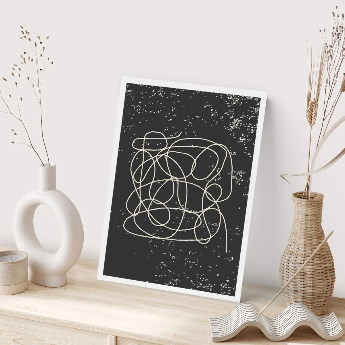 Poster - Chaotische Linien auf schwarzem Hintergrund mit weißen Punkten - 50x70cm - Wandernde, umherschweifende Gedanken - Moderne Wanddekoration für Wohnzimmer und Schlafzimmer ARTTOR