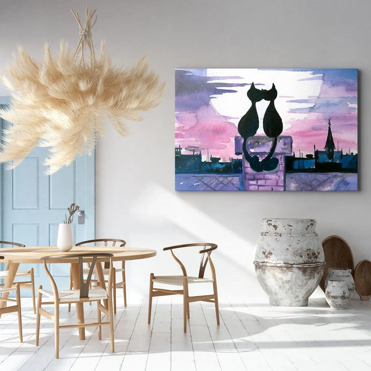 Bild auf Leinwand - Leinwandbild - Schwarze Katzen auf einem Dach im Mondlicht in einer Aquarell-Kulisse - 70x50cm - Rendez-vous unter dem Mond - Moderne Wanddekoration für Wohnzimmer und Schlafzimmer ARTTOR