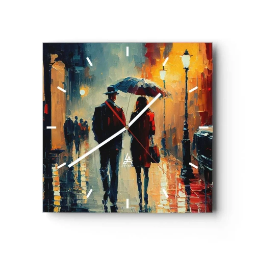 Wanduhr - Glasuhr - Nachts im Regen unter einem Regenschirm in der Stadt spazieren gehen - 30x30cm - Urbane Liebesgeschichte - Moderne Wanddekoration für Wohnzimmer und Schlafzimmer ARTTOR