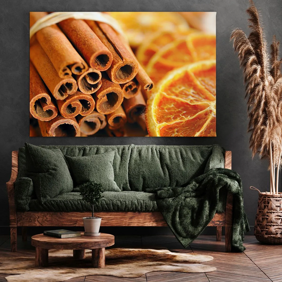 Bild auf Leinwand - Leinwandbild - Zimtstangen mit getrockneten Orangenscheiben in warmen Farben - 70x50cm - Kannst du ihr Aroma riechen? - Moderne Wanddekoration für Wohnzimmer und Schlafzimmer ARTTOR