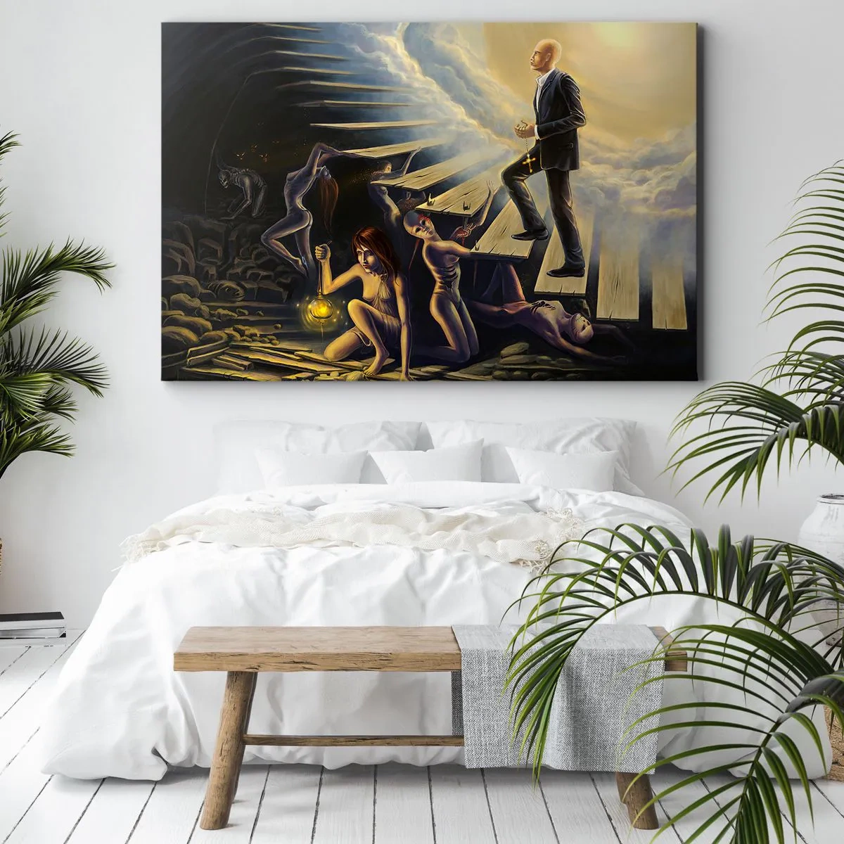 Bild auf Leinwand - Leinwandbild - Eine symbolische Szene des Weges zum Licht durch eine verfallene Treppe - 70x50cm - Danteske Reise zum Licht - Moderne Wanddekoration für Wohnzimmer und Schlafzimmer ARTTOR
