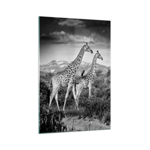 Glasbild - Bild auf glas - Schwarz-weiße Silhouetten zweier Giraffen in der Savanne - 70x100cm - Hohe Sphären in Afrika - Moderne Wanddekoration für Wohnzimmer und Schlafzimmer ARTTOR