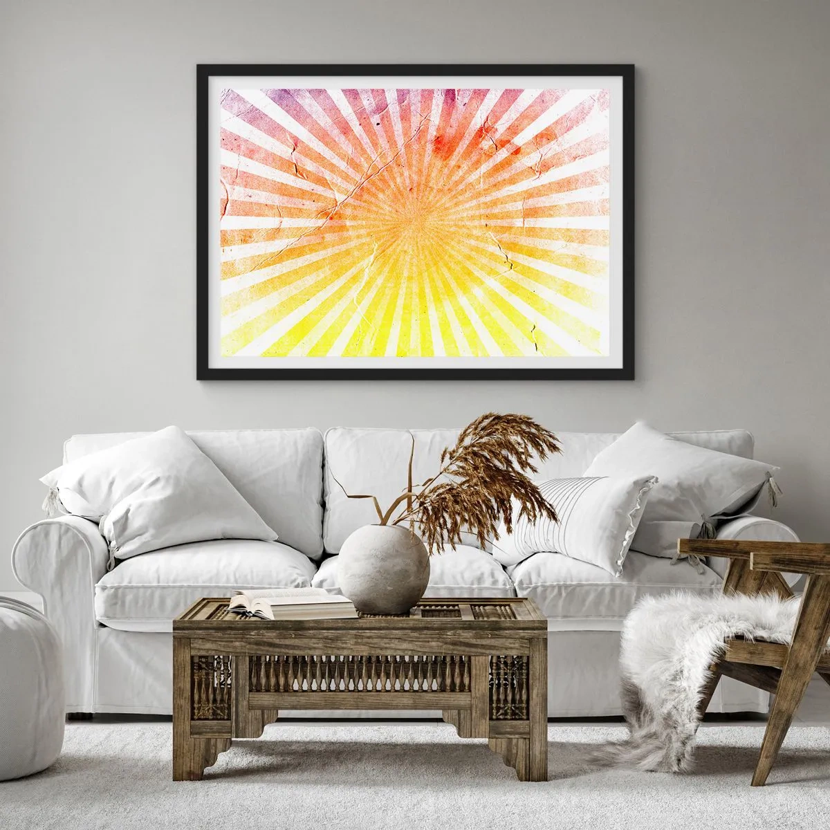 Poster in einem schwarzem Rahmen - Sonnenstrahlen in Orange- und Gelbtönen - 70x50cm - Sonnenaufgänge und Sonnenuntergänge - Moderne Wanddekoration für Wohnzimmer und Schlafzimmer ARTTOR