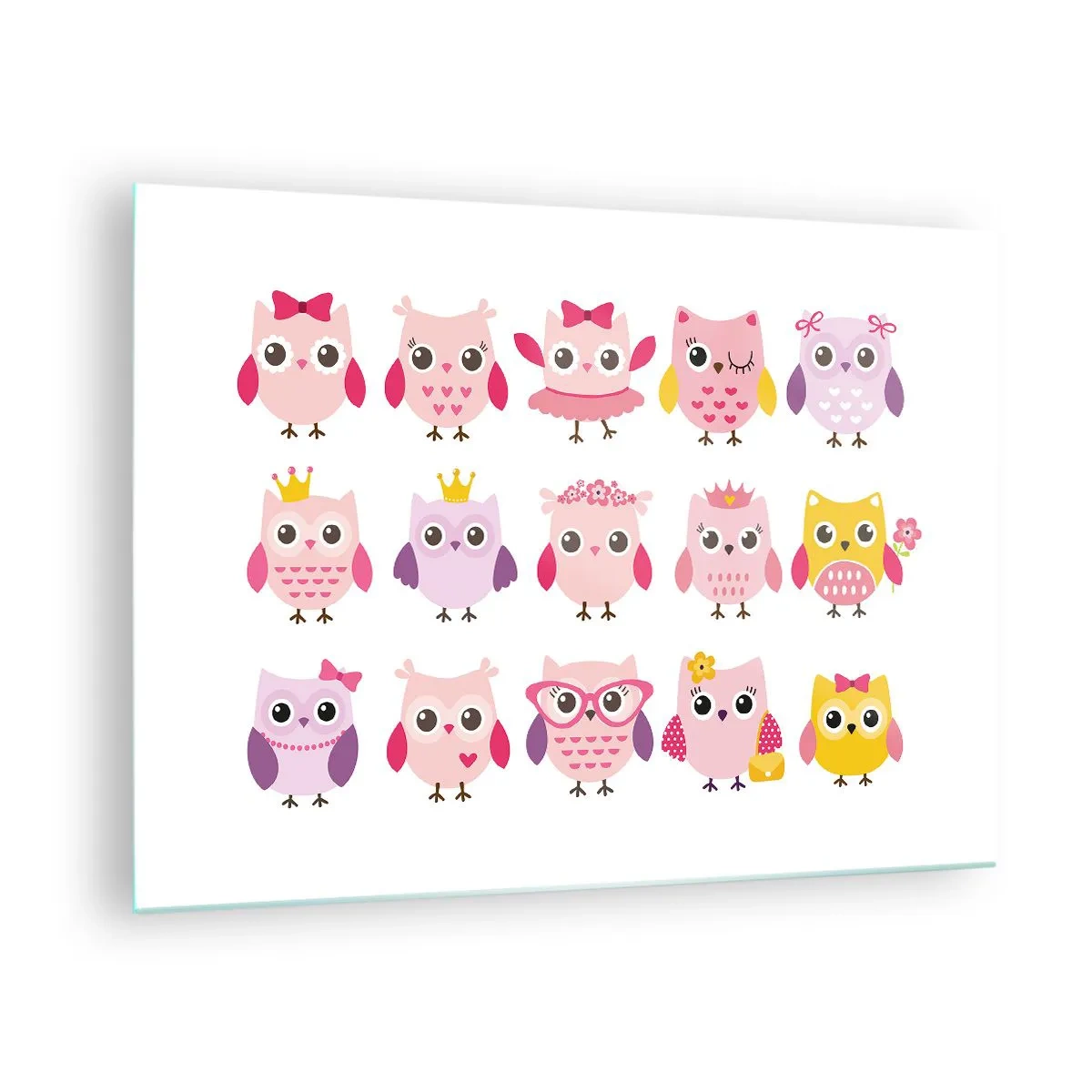 Glasbild - Bild auf glas - Bunte Eulen in verschiedenen Mustern auf weißem Hintergrund - 70x50cm - Einer ist süßer als der andere - Moderne Wanddekoration für Wohnzimmer und Schlafzimmer ARTTOR