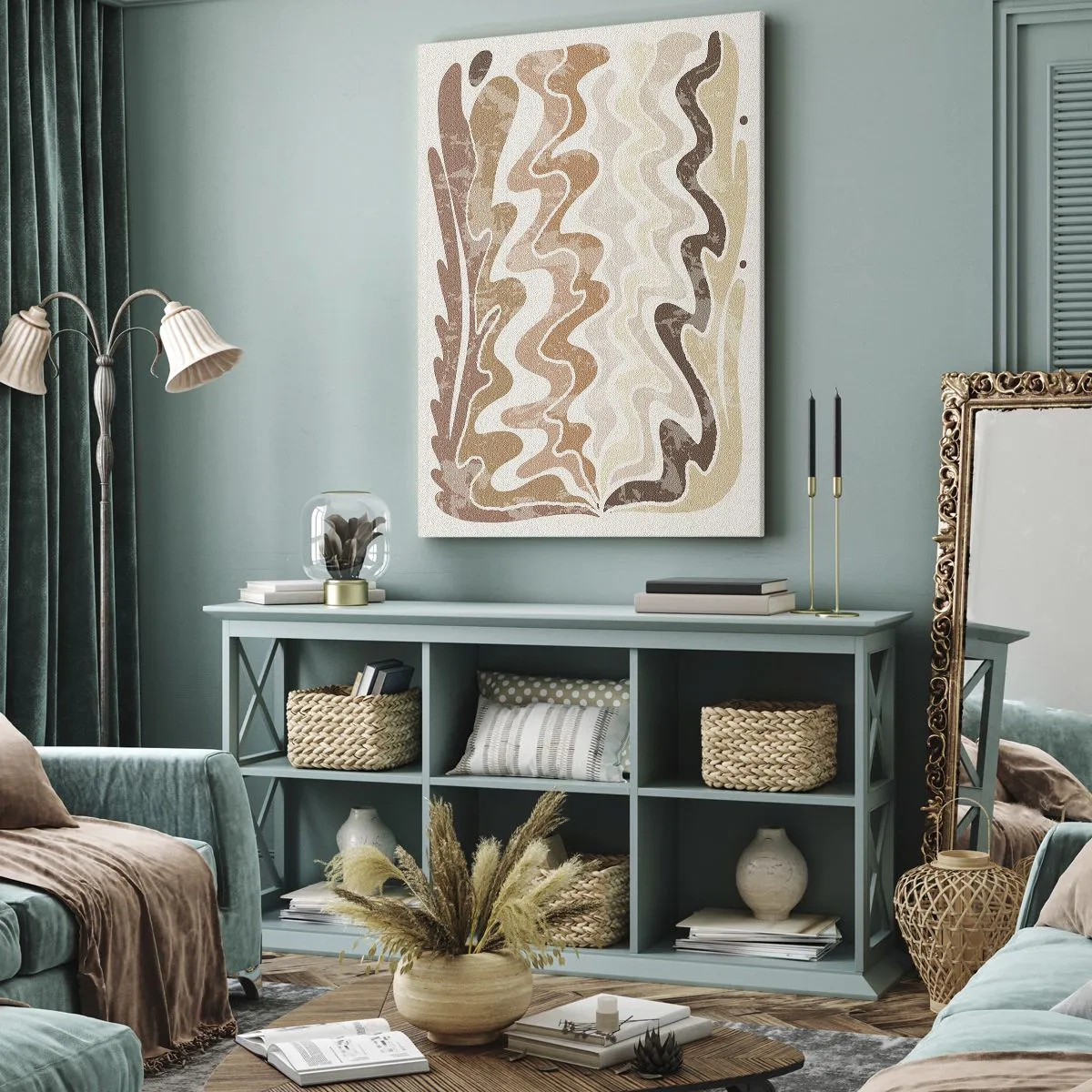 Bild auf Leinwand - Leinwandbild - Wellenförmige abstrakte Linien in Beigetönen - 50x70cm - Gute Energie – gute Gefühle - Moderne Wanddekoration für Wohnzimmer und Schlafzimmer ARTTOR
