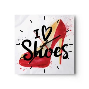 Wanduhr - Glasuhr - Roter Stiletto mit der Aufschrift „I love Shoes“ auf weißem Hintergrund - 30x30cm - Liebe hat viele Namen - Moderne Wanddekoration für Wohnzimmer und Schlafzimmer ARTTOR