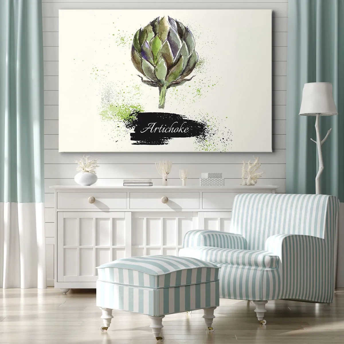 Bild auf Leinwand - Leinwandbild - Aquarell Artischocke mit Text auf hellem Hintergrund mit grünen Akzenten - 70x50cm - Eviva-Gemüse! - Moderne Wanddekoration für Wohnzimmer und Schlafzimmer ARTTOR
