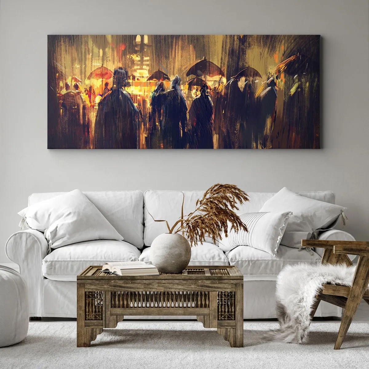 Bild auf Leinwand - Leinwandbild - Figuren mit Regenschirmen in einer verregneten Stadt bei Nacht - 140x50cm - Anhänger des Regens - Moderne Wanddekoration für Wohnzimmer und Schlafzimmer ARTTOR