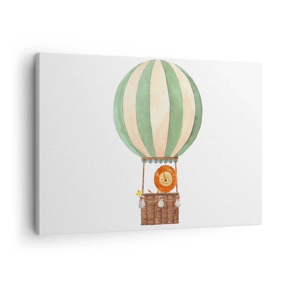 Bild auf Leinwand - Leinwandbild - Ein Ballon mit einem lächelnden Löwen in einem pastellfarbenen Korb - 70x50cm - Leons Reisen - Moderne Wanddekoration für Wohnzimmer und Schlafzimmer ARTTOR