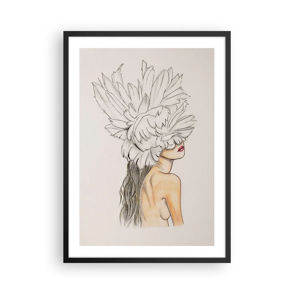 Poster in einem schwarzem Rahmen - Porträt einer Frau mit Federhut im künstlerischen Stil - 50x70cm - Gekrönte Schönheit - Moderne Wanddekoration für Wohnzimmer und Schlafzimmer ARTTOR