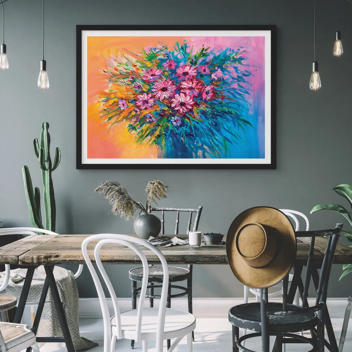 Poster in einem schwarzem Rahmen - Bunte Blumen in einem Strauß vor pastellfarbenem Hintergrund - 100x70cm - Lebensenergie - Moderne Wanddekoration für Wohnzimmer und Schlafzimmer ARTTOR
