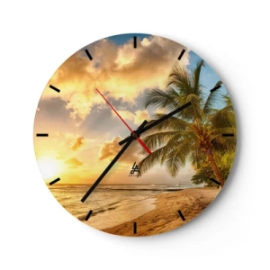 Wanduhr - Glasuhr - Ein Zifferblatt mit einem tropischen Strand- und Palmenmotiv bei Sonnenuntergang. - 30x30cm - Ewiger Sommer, immer Urlaub - Moderne Wanddekoration für Wohnzimmer, Küche und Schlafzimmer ARTTOR