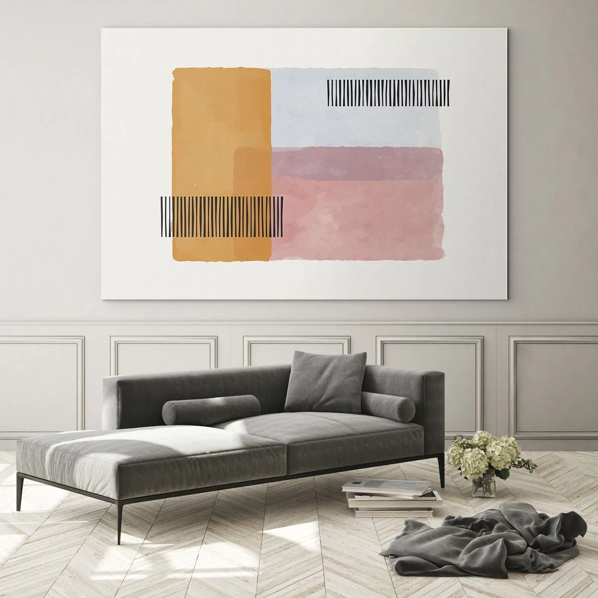 Glasbild - Bild auf glas - Abstrakte Rechtecke mit Linien im minimalistischen Stil - 70x50cm - Von Ecke zu Ecke - Moderne Wanddekoration für Wohnzimmer und Schlafzimmer ARTTOR