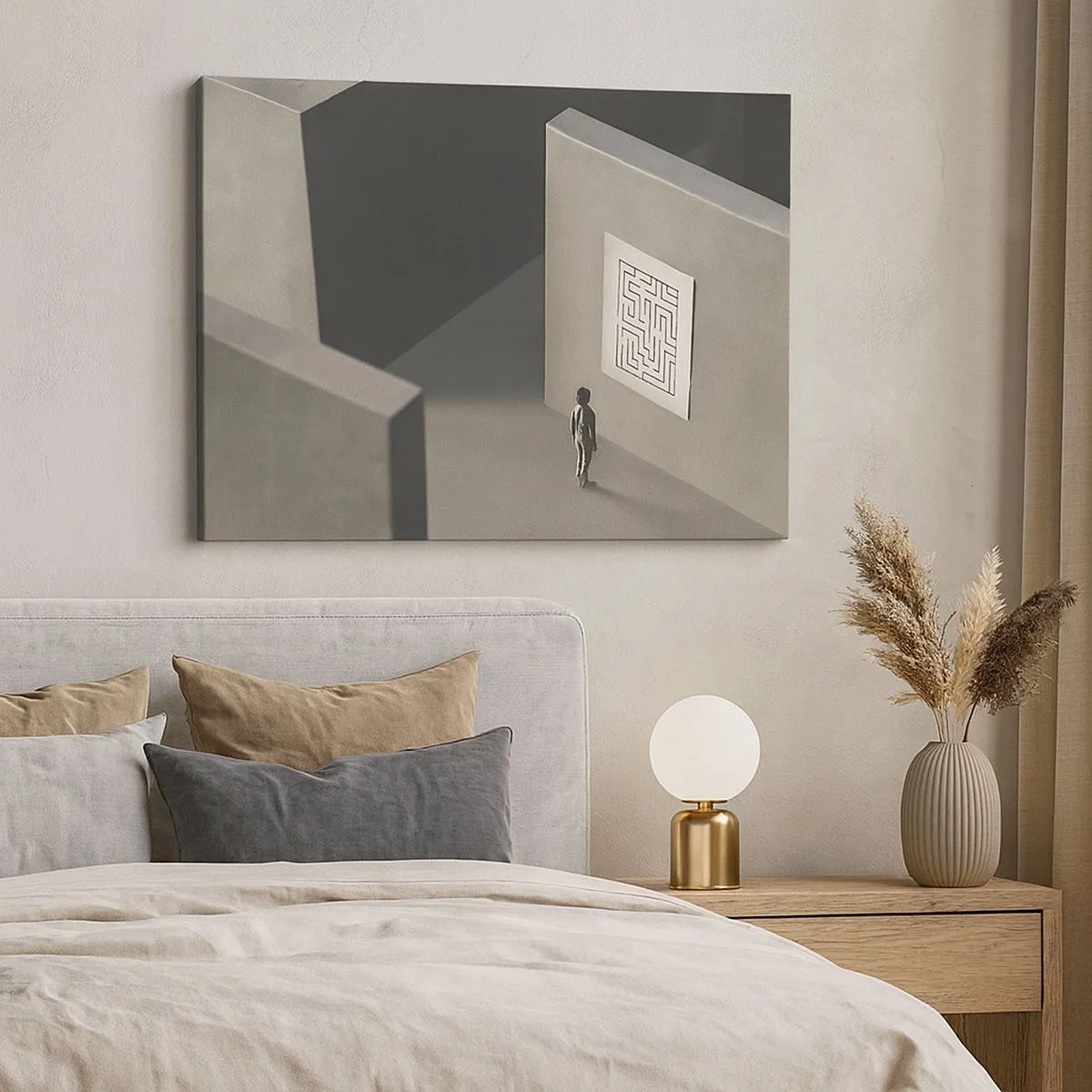 Bild auf Leinwand - Leinwandbild - Eine Figur in einem Labyrinth, die auf eine hängende Karte schaut - 70x50cm - Aber wo bin ich? - Moderne Wanddekoration für Wohnzimmer und Schlafzimmer ARTTOR