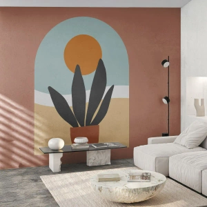 Fototapete Premium Sand - Minimalistische Topfpflanzengrafik mit Sonnenuntergang - 100x70cm - Kleine Freuden - Moderne Wanddekoration für Wohnzimmer und Schlafzimmer ARTTOR