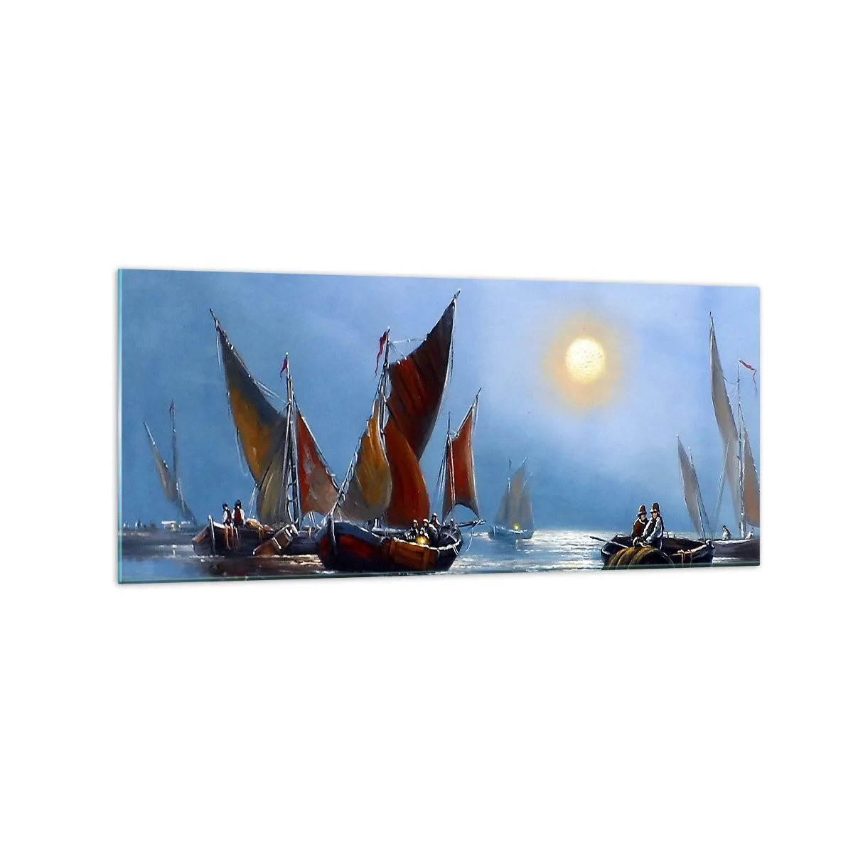 Glasbild - Bild auf glas - Boote mit Segeln auf ruhigem Wasser bei Sonnenuntergang - 120x50cm - Nachtfang - Moderne Wanddekoration für Wohnzimmer und Schlafzimmer ARTTOR