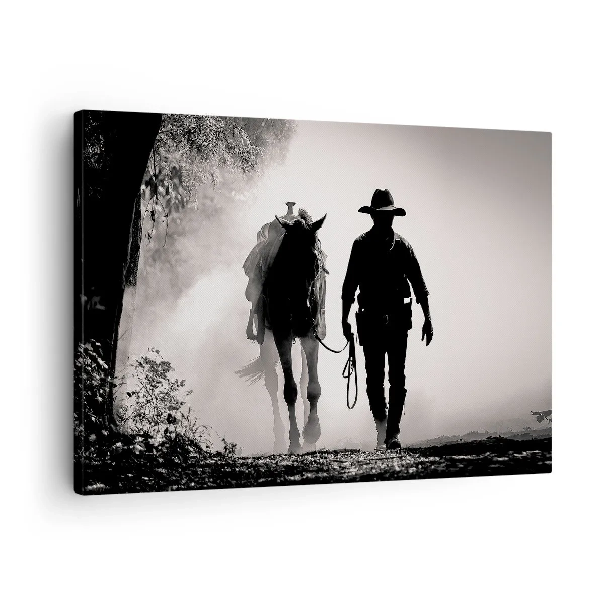 Bild auf Leinwand - Leinwandbild - Cowboy mit Pferd im Morgennebel - 70x50cm - Texas-Morgen - Moderne Wanddekoration für Wohnzimmer und Schlafzimmer ARTTOR