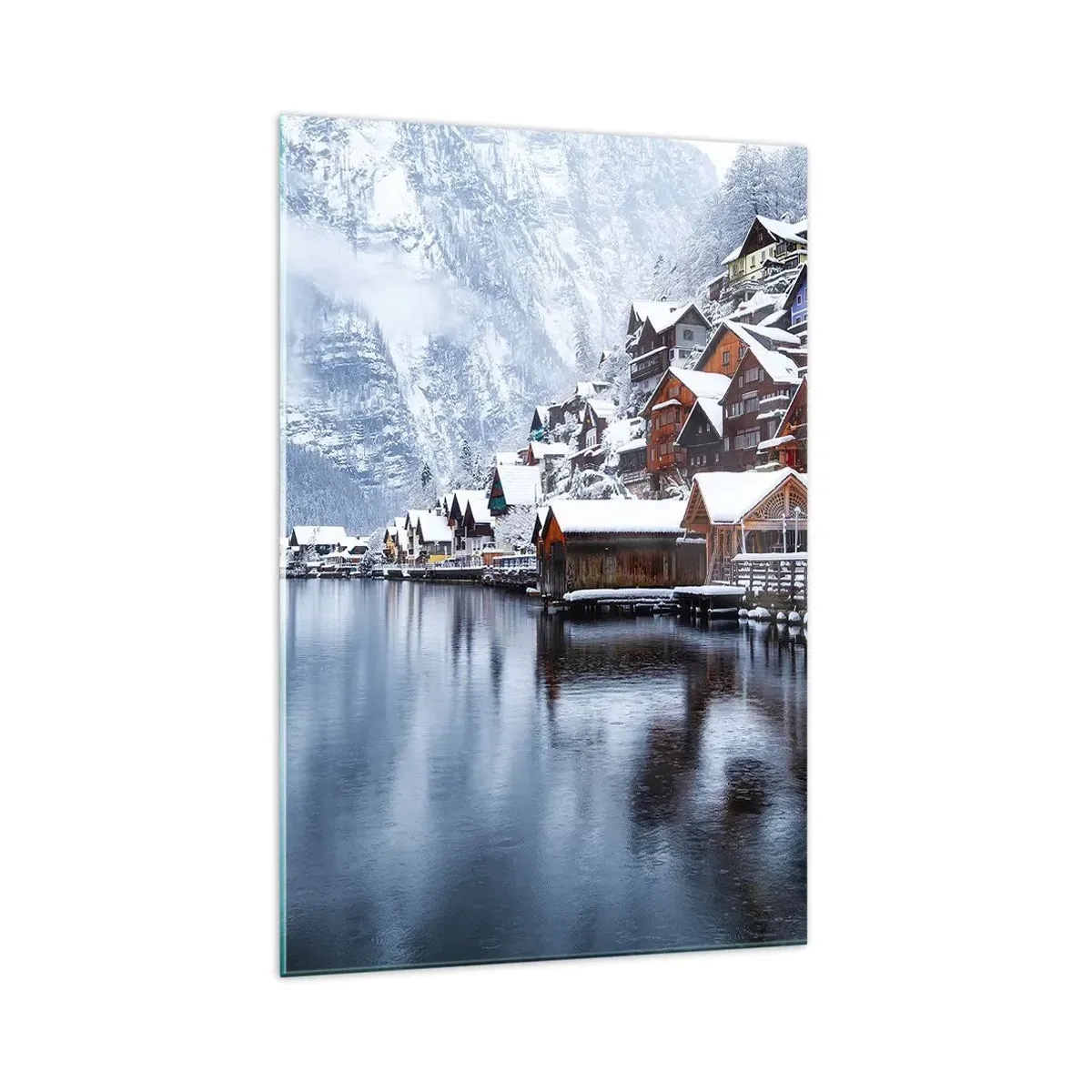 Glasbild - Bild auf glas - Winteransicht eines Bergdorfes am See - 70x100cm - In winterlicher Dekoration - Moderne Wanddekoration für Wohnzimmer und Schlafzimmer ARTTOR
