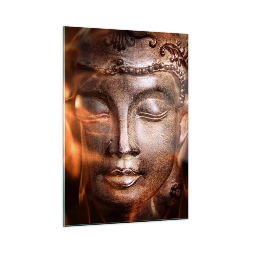 Glasbild - Bild auf glas - Das verschwommene Gesicht des Buddha in warmen Gold- und Brauntönen - 50x70cm - Es existiert nur hier und jetzt - Moderne Wanddekoration für Wohnzimmer und Schlafzimmer ARTTOR