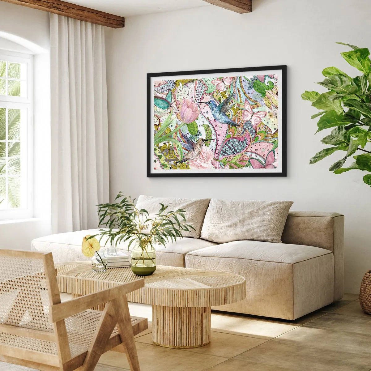 Poster in einem schwarzem Rahmen - Bunte Kolibris und Schmetterlinge zwischen den Pflanzen - 70x50cm - Verstrickt in Weinreben - Moderne Wanddekoration für Wohnzimmer und Schlafzimmer ARTTOR