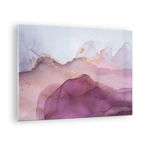 Glasbild - Bild auf glas - Abstrakte Wellen in Lilatönen mit goldenen Akzenten - 70x50cm - Violett und lila Wellen - Moderne Wanddekoration für Wohnzimmer und Schlafzimmer ARTTOR