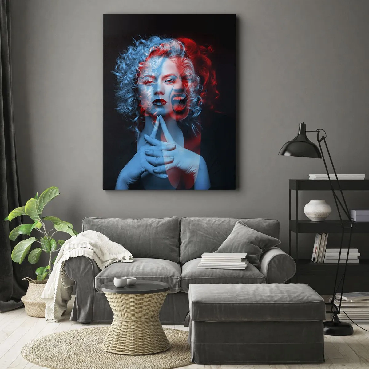 Bild auf Leinwand - Leinwandbild - Doppelporträt einer Frau in Rot und Blau - 50x70cm - Alter Ego - Moderne Wanddekoration für Wohnzimmer und Schlafzimmer ARTTOR