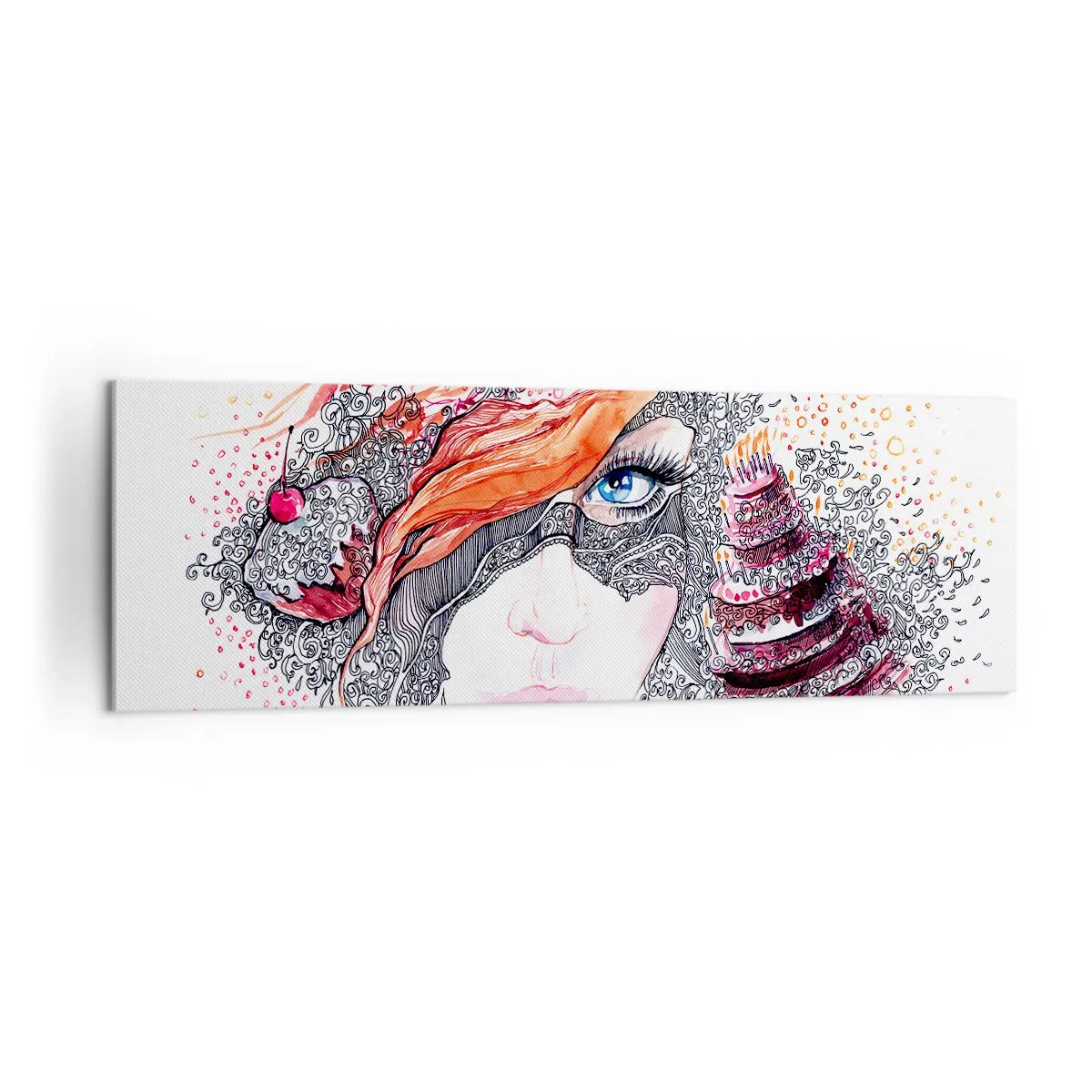 Bild auf Leinwand - Leinwandbild - Künstlerisches Frauenporträt mit Details und rotem Akzent - 160x50cm - Bei ihr ist jeden Tag Feiertag - Moderne Wanddekoration für Wohnzimmer und Schlafzimmer ARTTOR
