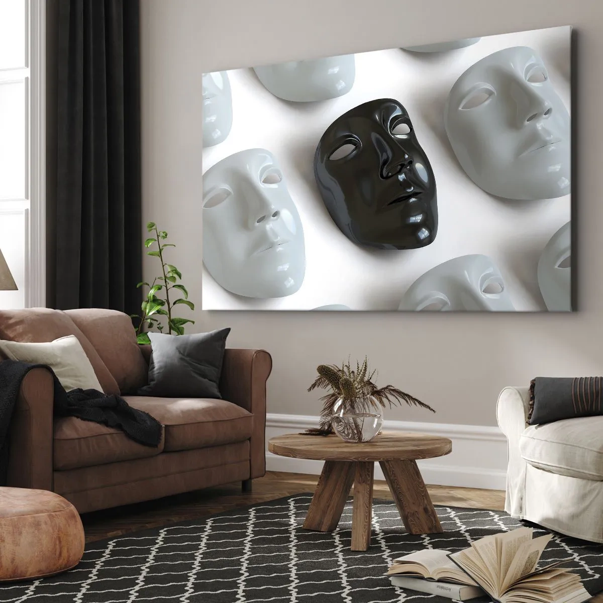 Bild auf Leinwand - Leinwandbild - Schwarz-weiße Masken auf hellem Hintergrund - 70x50cm - Wie hebt man sich ab? - Moderne Wanddekoration für Wohnzimmer und Schlafzimmer ARTTOR
