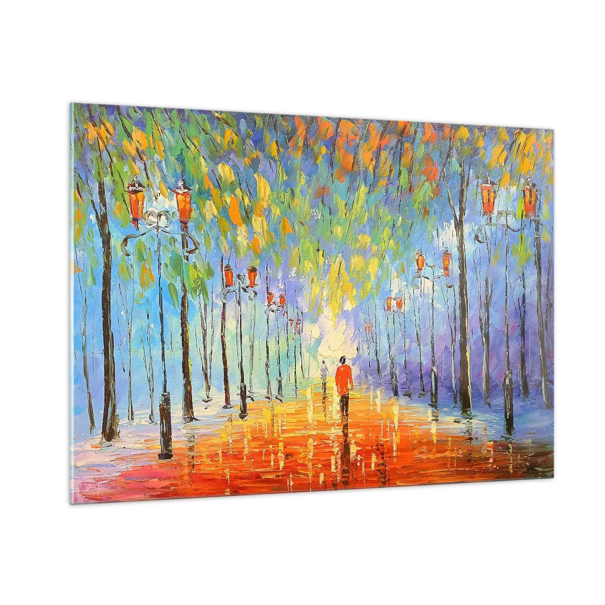 Glasbild - Bild auf glas - Ein farbenfroher Park mit einer Allee und Laternen im malerischen Stil - 100x70cm - Nachtlied des Regens - Moderne Wanddekoration für Wohnzimmer und Schlafzimmer ARTTOR