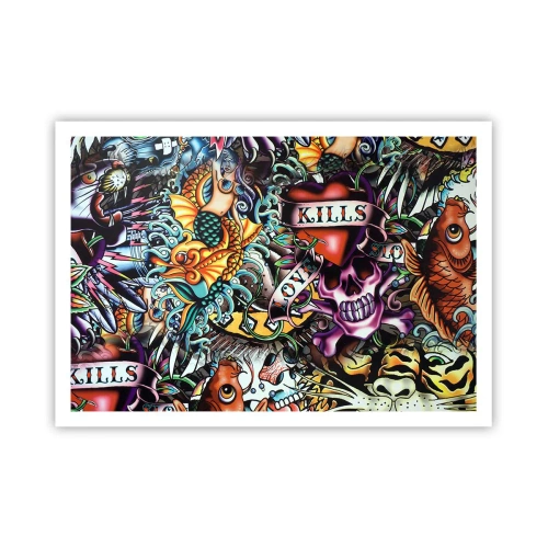 Poster - Farbenfrohe Kunstwerke im Tattoo-Stil mit Totenköpfen und nautischen Motiven - 100x70cm - Der Traum des Tätowierers - Moderne Wanddekoration für Wohnzimmer und Schlafzimmer ARTTOR