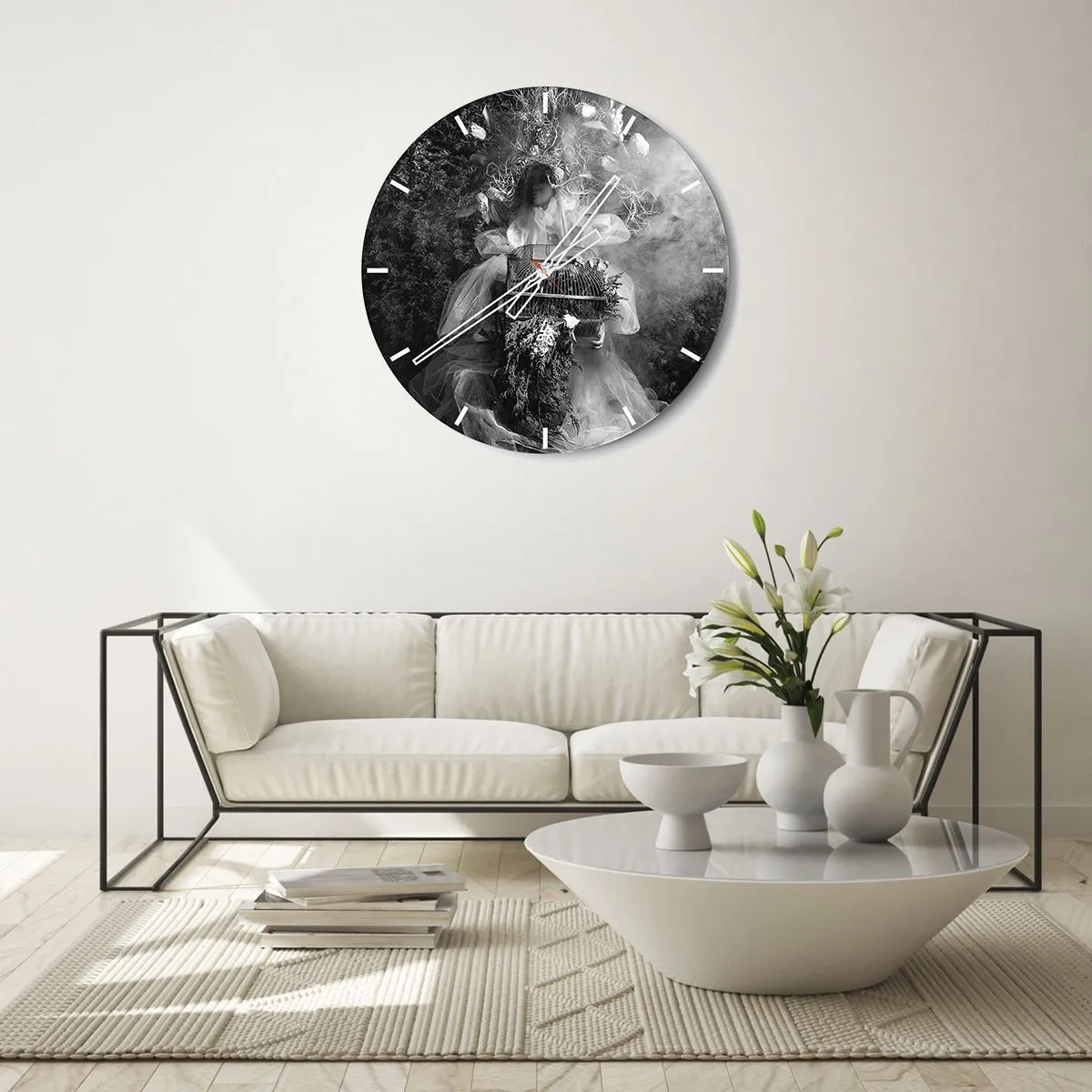 Wanduhr - Glasuhr - Künstlerische Figur mit Käfig und floraler Komposition im Rauch - 30x30cm - Mutter selbst - Natur - Moderne Wanddekoration für Wohnzimmer, Küche und Schlafzimmer ARTTOR