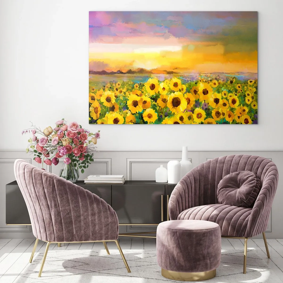 Glasbild - Bild auf glas - Ein Sonnenblumenfeld im Licht der untergehenden Sonne - 120x80cm - Die Sonne selbst ist auf die Erde herabgestiegen - Moderne Wanddekoration für Wohnzimmer und Schlafzimmer ARTTOR