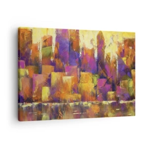Bild auf Leinwand - Leinwandbild - Abstrakte Komposition einer Metropole in Gelb- und Lilatönen - 70x50cm - Metropolitische Komposition - Moderne Wanddekoration für Wohnzimmer und Schlafzimmer ARTTOR