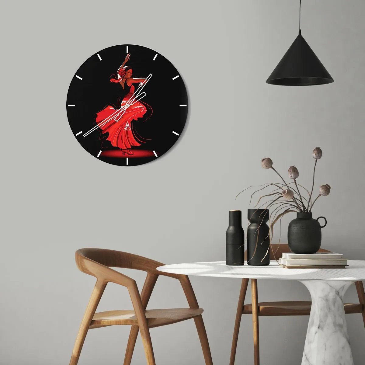 Wanduhr - Glasuhr - Flamenco-Tänzerin in einem roten Kleid vor schwarzem Hintergrund - 30x30cm - Der feurige Geist des Flamenco - Moderne Wanddekoration für Wohnzimmer, Küche und Schlafzimmer ARTTOR