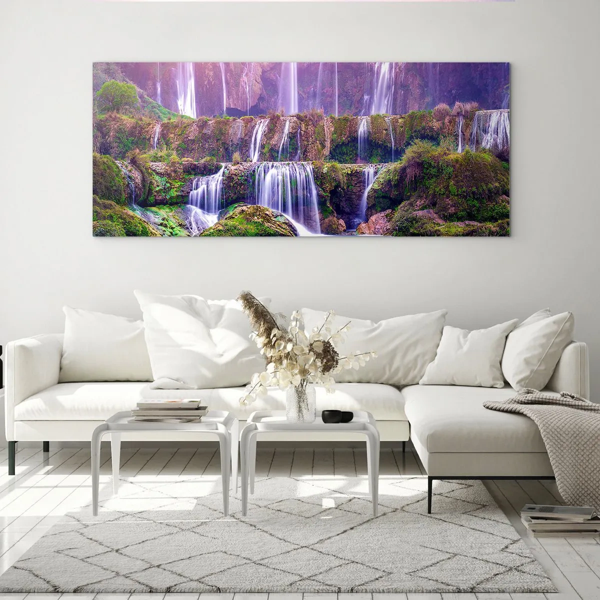 Glasbild - Bild auf glas - Wasserfälle umgeben von Grün mit pastellfarbener Beleuchtung - 120x50cm - Treppe zum Himmel - Moderne Wanddekoration für Wohnzimmer und Schlafzimmer ARTTOR
