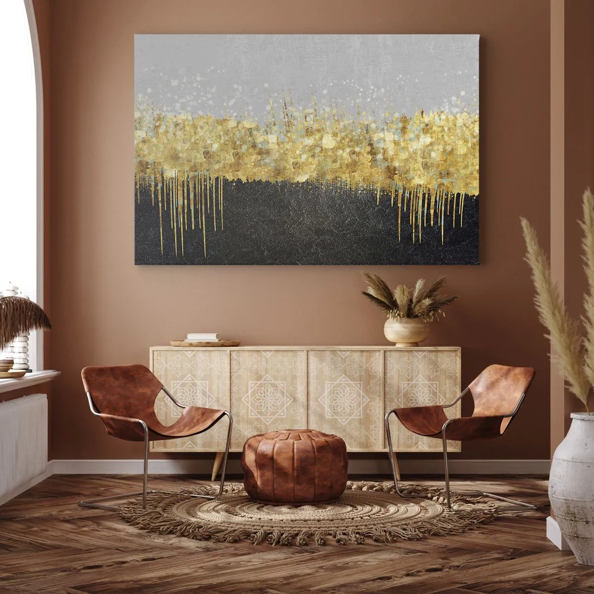 Bild auf Leinwand - Leinwandbild - Abstrakte Komposition in Gold- und Schwarztönen - 70x50cm - Nach innen und nach oben - Moderne Wanddekoration für Wohnzimmer und Schlafzimmer ARTTOR