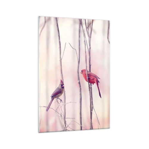 Glasbild - Bild auf glas - Ein Kardinalspaar sitzt auf Ästen in einer pastellfarbenen Landschaft - 70x100cm - Geschichte vom rosa Wald - Moderne Wanddekoration für Wohnzimmer und Schlafzimmer ARTTOR