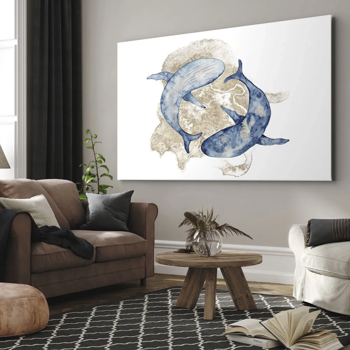 Bild auf Leinwand - Leinwandbild - Abstrakte Blauwale auf hellem Hintergrund - 120x80cm - Freundschaft oder Liebe? - Moderne Wanddekoration für Wohnzimmer und Schlafzimmer ARTTOR