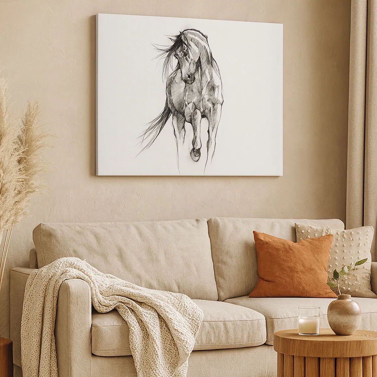 Bild auf Leinwand - Leinwandbild - Schwarz-Weiß-Skizze eines galoppierenden Pferdes - 70x50cm - Im anmutigen Trab - Moderne Wanddekoration für Wohnzimmer und Schlafzimmer ARTTOR