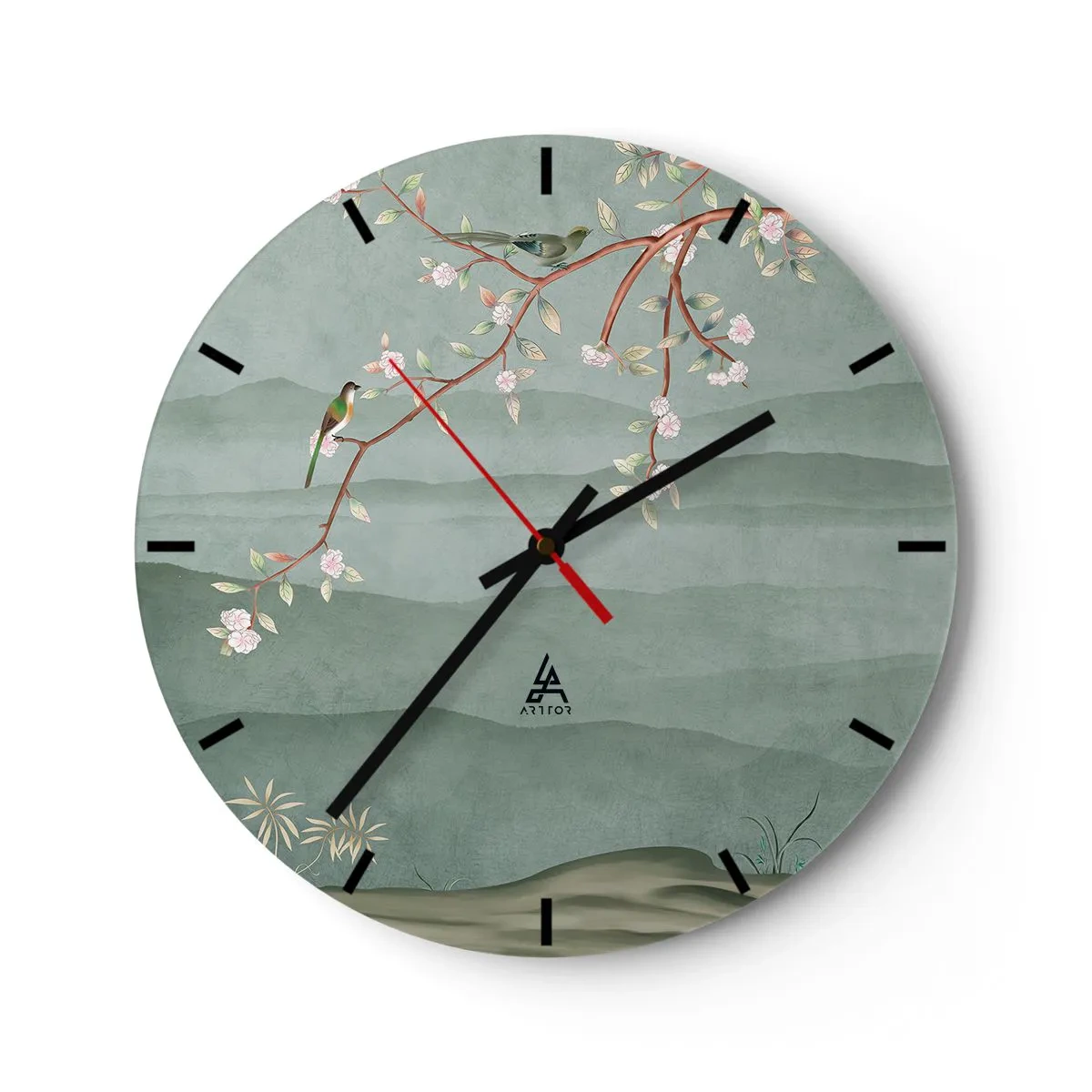 Wanduhr - Glasuhr - Ein Zweig mit Blumen und Vögeln vor dem Hintergrund grüner Hügel - 30x30cm - Frühling, oh, du bist es - Moderne Wanddekoration für Wohnzimmer, Küche und Schlafzimmer ARTTOR