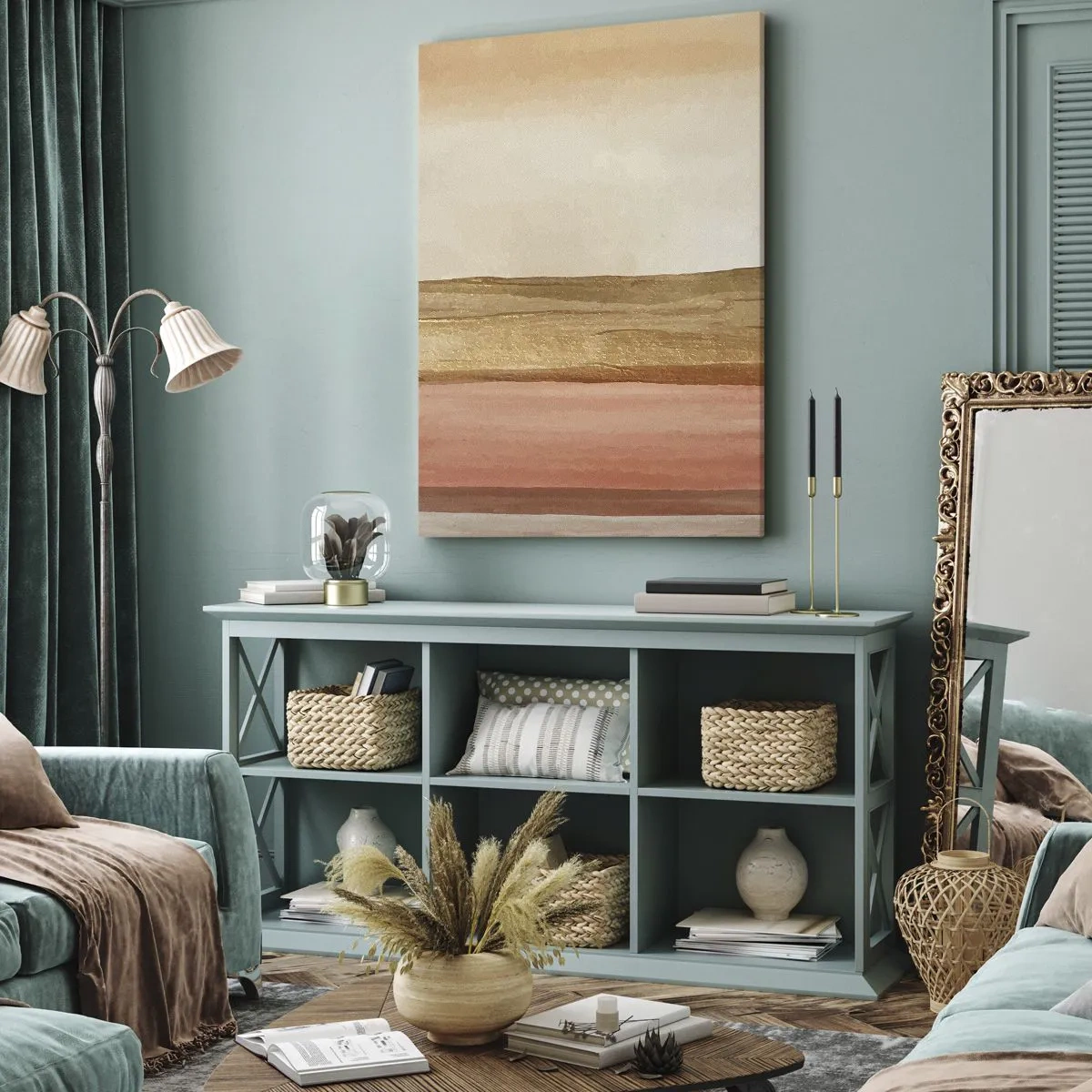 Bild auf Leinwand - Leinwandbild - Abstrakte Streifen in Beige-, Gold- und Rosatönen auf Leinwand - 50x70cm - Vertikale Komposition - Moderne Wanddekoration für Wohnzimmer und Schlafzimmer ARTTOR