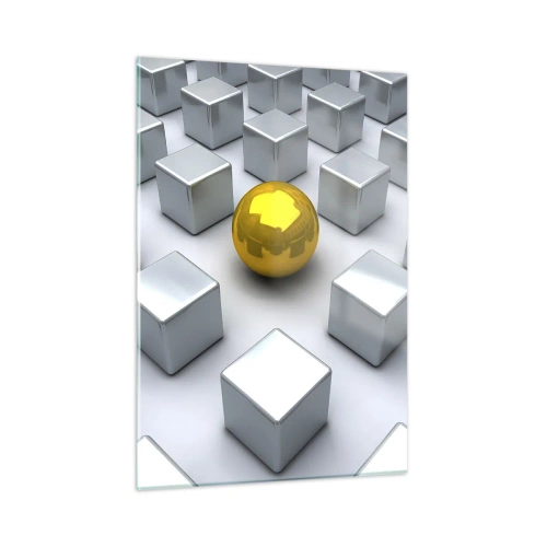 Glasbild - Bild auf glas - Eine goldene Kugel, umgeben von silbernen Würfeln - 50x70cm - Warum ich? Geometrische Zusammensetzung - Moderne Wanddekoration für Wohnzimmer und Schlafzimmer ARTTOR