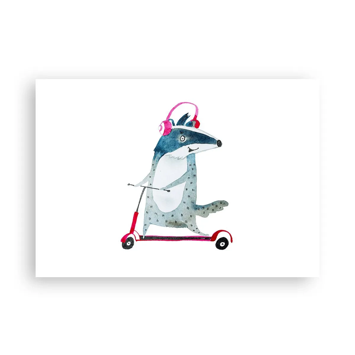 Poster - Dachs auf einem Roller mit rosa Kopfhörern - 100x70cm - Dachsfreude - Moderne Wanddekoration für Wohnzimmer und Schlafzimmer ARTTOR