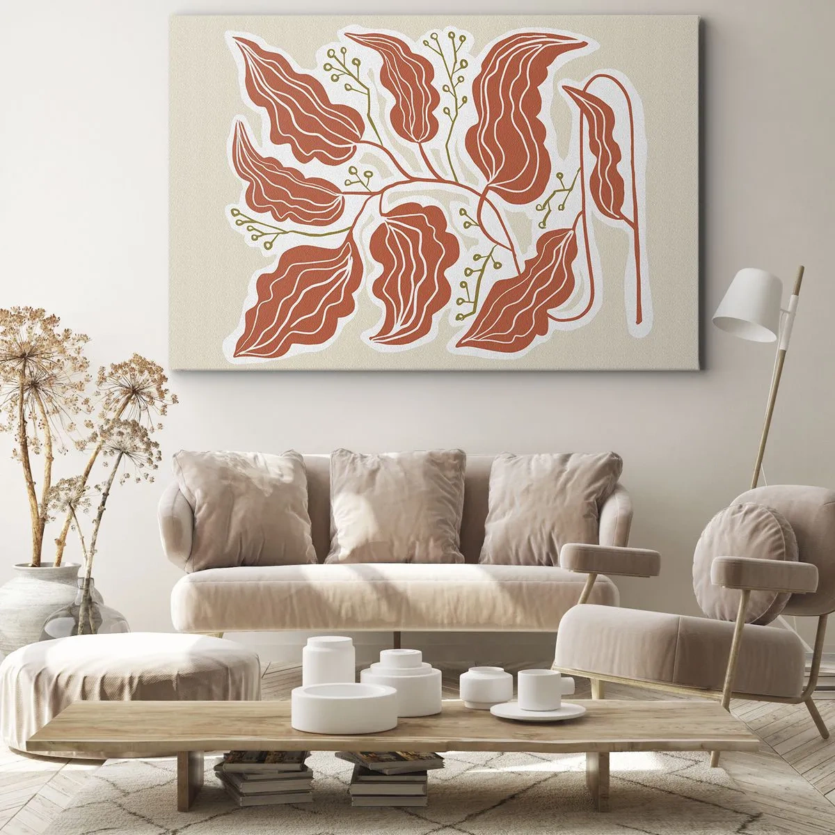 Bild auf Leinwand - Leinwandbild - Ein minimalistisches Blattmotiv in Orange- und Grüntönen. - 70x50cm - Im Folkstil und korallenartig - Moderne Wanddekoration für Wohnzimmer und Schlafzimmer ARTTOR