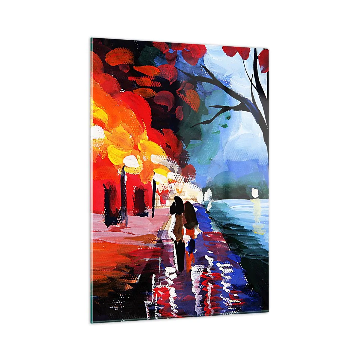 Glasbild - Bild auf glas - Ein Paar spaziert abends in einem farbenfrohen Park - 50x70cm - Strahlender Herbst im Park - Moderne Wanddekoration für Wohnzimmer und Schlafzimmer ARTTOR