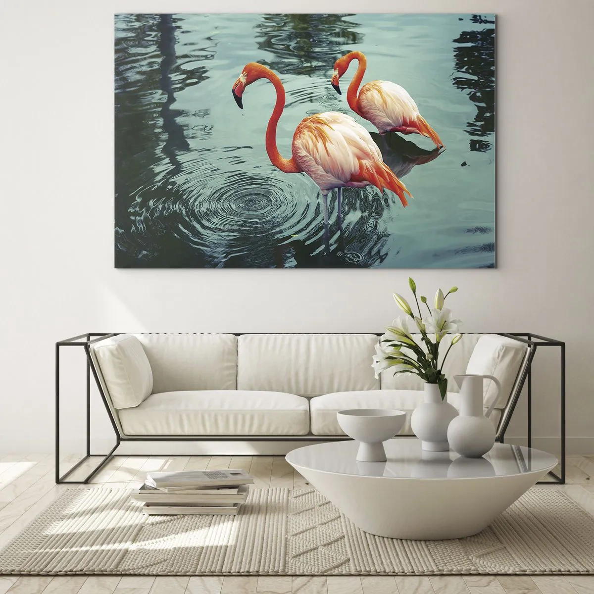 Glasbild - Bild auf glas - Flamingos auf dem Wasser in harmonischer Komposition - 120x80cm - Wir sind jetzt in Mode - Moderne Wanddekoration für Wohnzimmer und Schlafzimmer ARTTOR