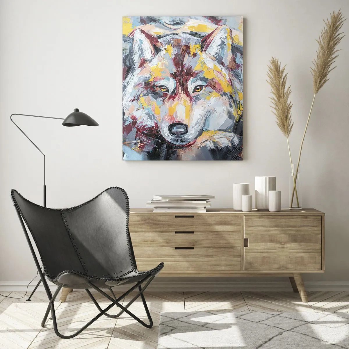 Glasbild - Bild auf glas - Künstlerisches Wolfsportrait in intensiven Farben - 80x120cm - Seelenfrieden unter den Lieben - Moderne Wanddekoration für Wohnzimmer und Schlafzimmer ARTTOR