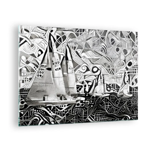 Glasbild - Bild auf glas - Schwarz-weiße Abstraktion mit Segelbooten und geometrischen Mustern - 70x50cm - Zwischen den Wellen - Moderne Wanddekoration für Wohnzimmer und Schlafzimmer ARTTOR