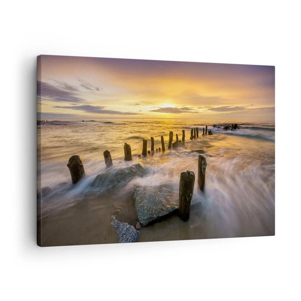 Bild auf Leinwand - Leinwandbild - Sonnenuntergang über dem Meer mit den Überresten eines alten Piers - 70x50cm - Die raue Schönheit der Ostsee - Moderne Wanddekoration für Wohnzimmer und Schlafzimmer ARTTOR